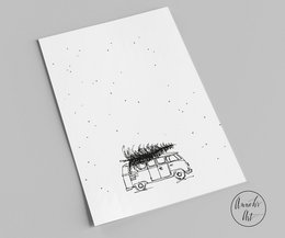 Ansichtkaart | Vanlife-kerstkaart | Bulli met kerstboom