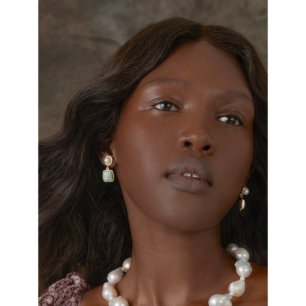 The Beloved Green Cameo Earrings With Pearls