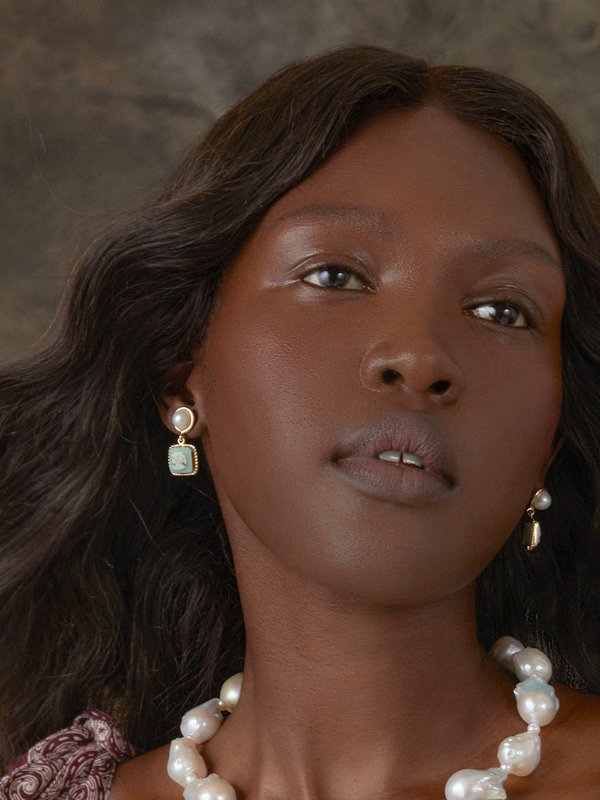 The Beloved Green Cameo Earrings With Pearls
