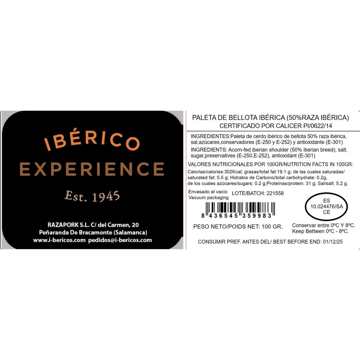 Paleta de bellota 50% raza ibérica 100gr
