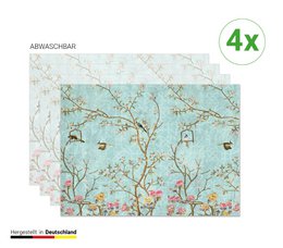 Set of 4 vintage-style placemats featuring a floral and bird pattern on a light blue background.