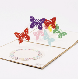 Colorful 3D pop-up greeting card with 7 vibrant butterflies, perfect for congratulations or birthday celebrations.