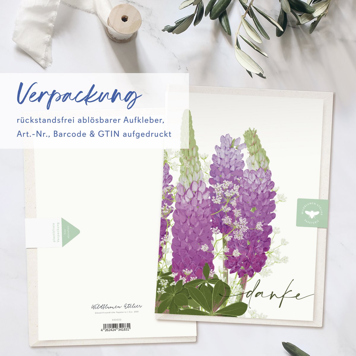 Klappkarte 'danke' lila Blumen, inkl. Umschlag