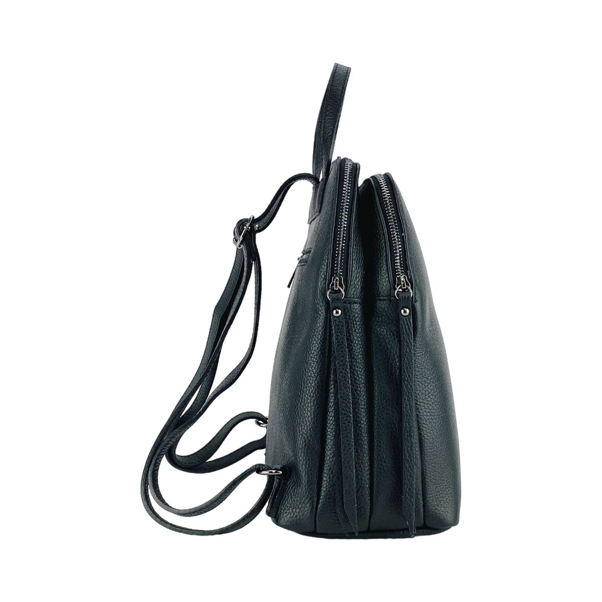 RB1018A | Echt leren damesrugzak met dubbel compartiment, gemaakt in Italië, met verstelbare schouderbanden. Gunmetal metalen accessoires - Zwarte kleur - Afmetingen: 26 x 30 x 14,5 cm