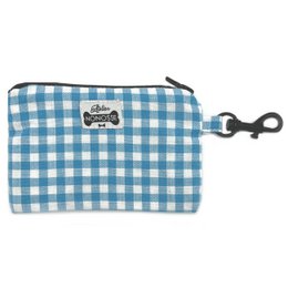 Turquoise gingham zipped pouch with "OSCAR" text, designed for dog leashes. The pouch features a checkered pattern and a clip for attaching to a leash or bag.
