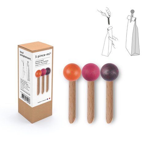 Schachtel mit 3 Holztaschenclips - orange / pink / burgund
