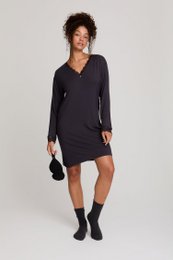 Bamboo lace nightdress in raven color, featuring a v-neck design and long sleeves. Made from soft, breathable bamboo fabric with a delicate lace trim.