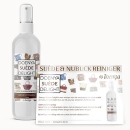 Doenya Suede Delight - SUEDE CLEANER, a suede cleaner product in a clear spray bottle with a white label. The product is designed to clean and maintain suede materials.