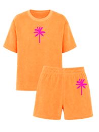  Orange short-sleeved loungewear set with pink palm tree graphics.