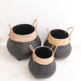 Black Plant Basket Decorative Basket Large Laundry Basket BENOA (black) Hand-woven Basket made of Bamboo and Seagrass (3 sizes)