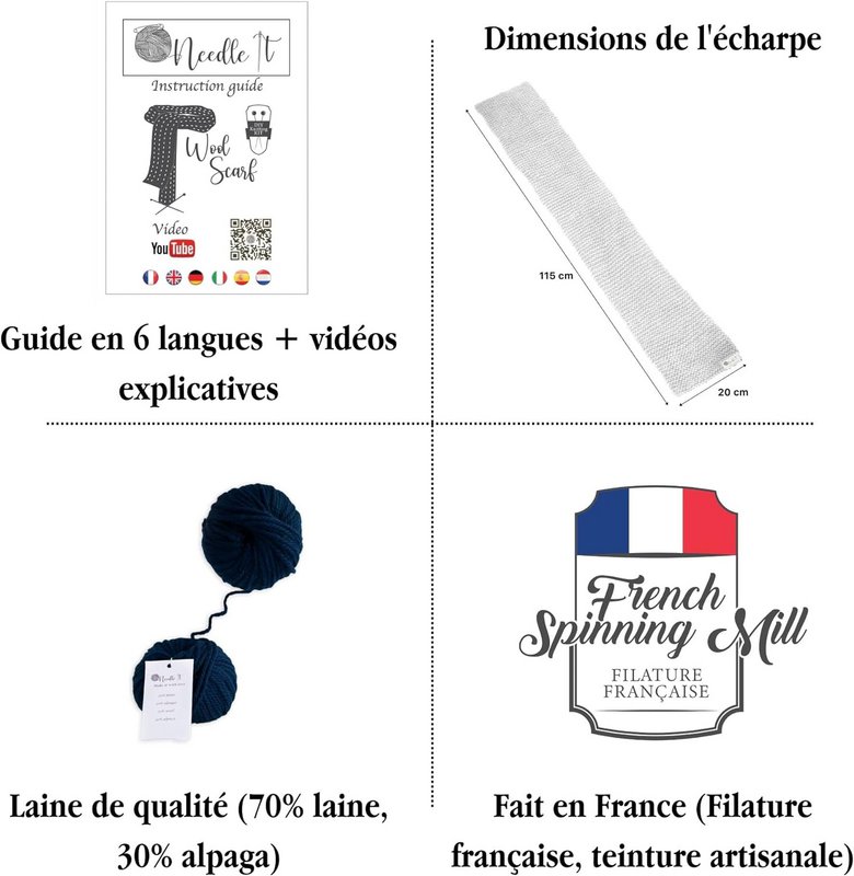NEEDLE IT® Kit Tricot pour débutant adulte complet avec aiguilles à tricot – Écharpe en laine à tricoter soi-même - Idée Cadeau (Bleu Marine)
