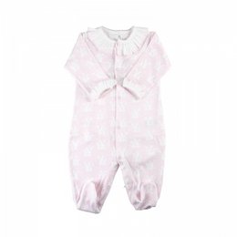 Pink baby pajama with rabbit pattern, long sleeves, soft cotton material, cute animal print design.