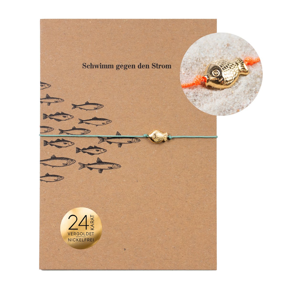 Bracciale su cartoncino - Pesce d'Oro - Controcorrente - Ciondolo placcato oro 24K - Macramé - Cartoncino riciclato DIN A6 - Collezione marittima