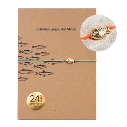 Bracciale su cartoncino - Pesce d'Oro - Controcorrente - Ciondolo placcato oro 24K - Macramé - Cartoncino riciclato DIN A6 - Collezione marittima