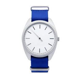 Silver watch with a white dial and a blue nylon strap.
