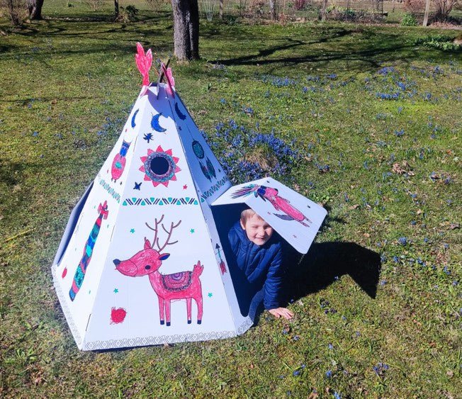 Pap playhouse til børn, teepee -telt, DIY, til konstruktion og farvelægning, 3+