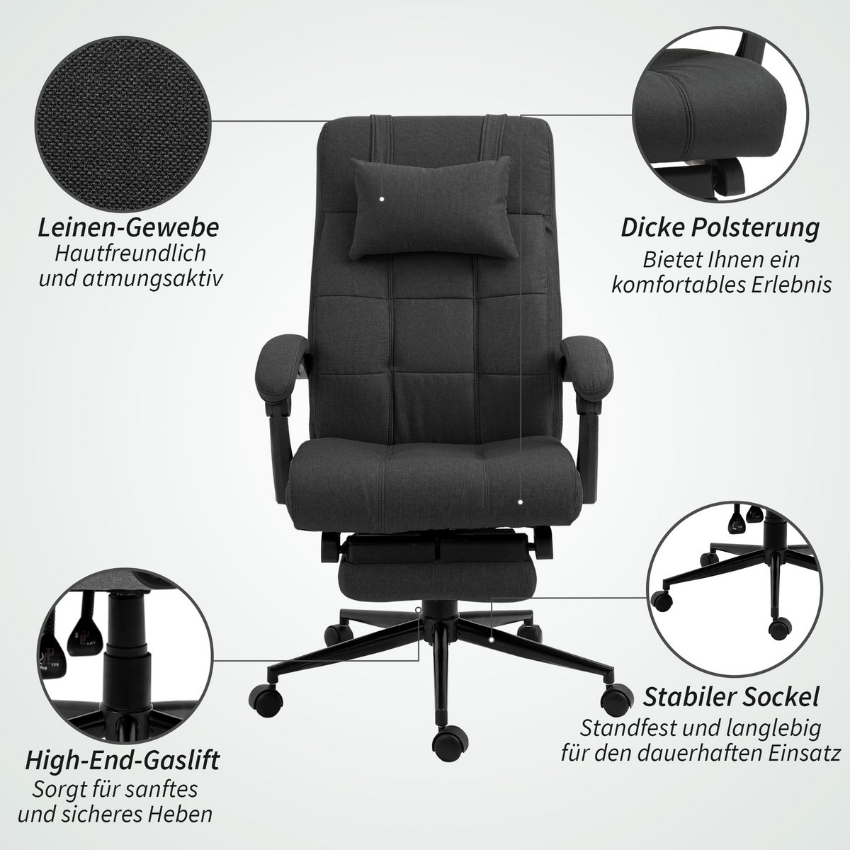 Office chair with pillow armrest Desk chair with tilt angle Height-adjustable swivel chair with footrest Linen foam PVC Light gray 66 x 76 x 112-120 cm