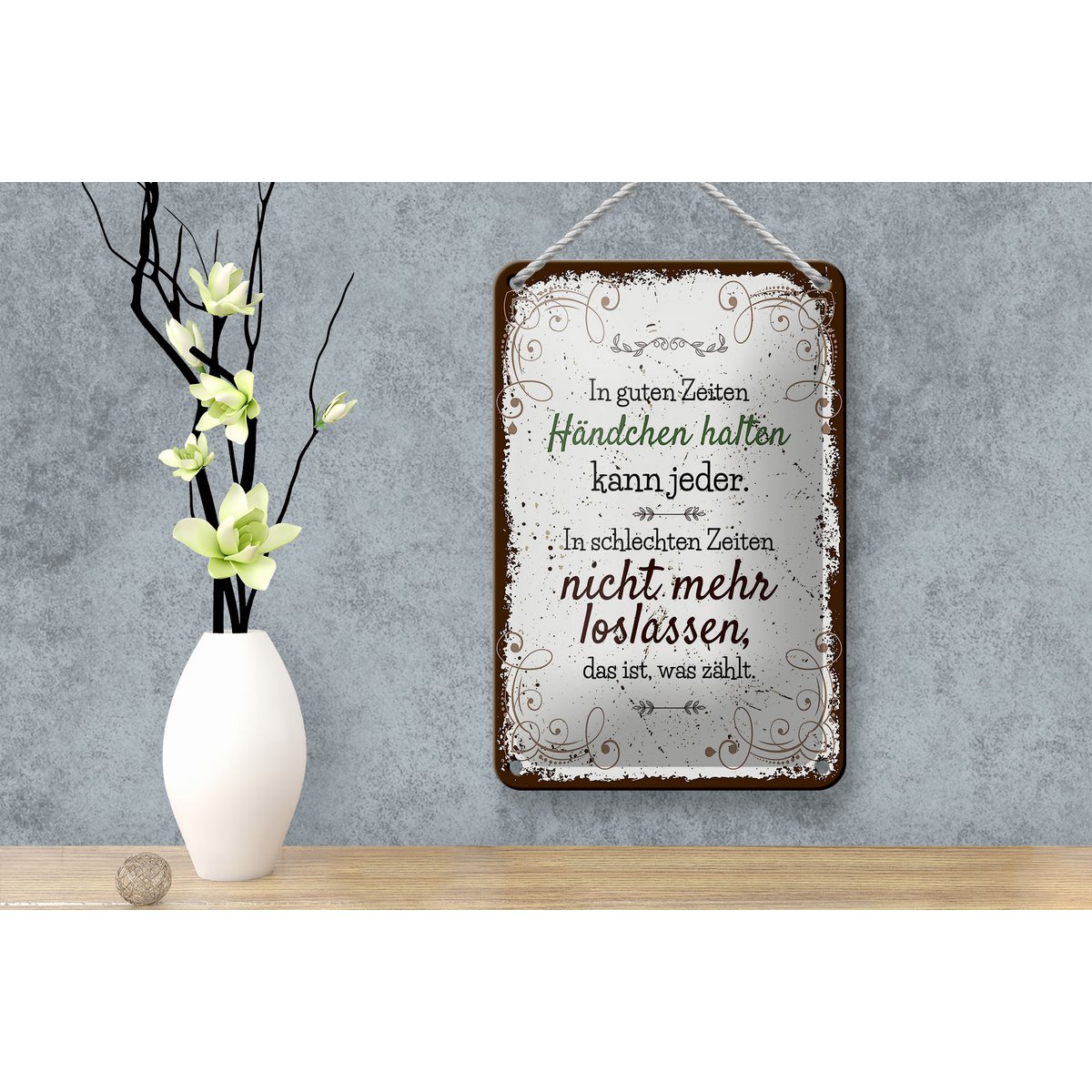 Blikken bord met de tekst 'Houd elkaars hand in goede tijden' bord van 12x18 cm