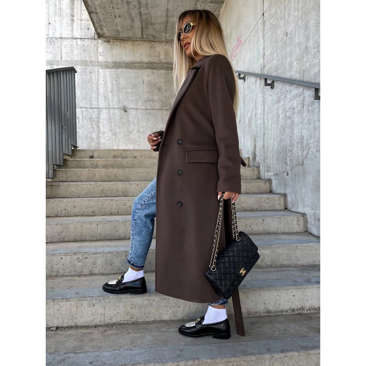Double-breasted Lapel Split Jacket With Belt Winter Fashion Casual Long Sleeve Button Daily Coats For Women Clothing