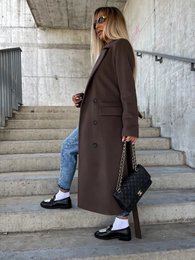Double-breasted Lapel Split Jacket With Belt Winter Fashion Casual Long Sleeve Button Daily Coats For Women Clothing
