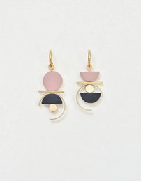 Asymmetrical dangly earrings in dusty rose, black, and gold tones with geometric shapes.