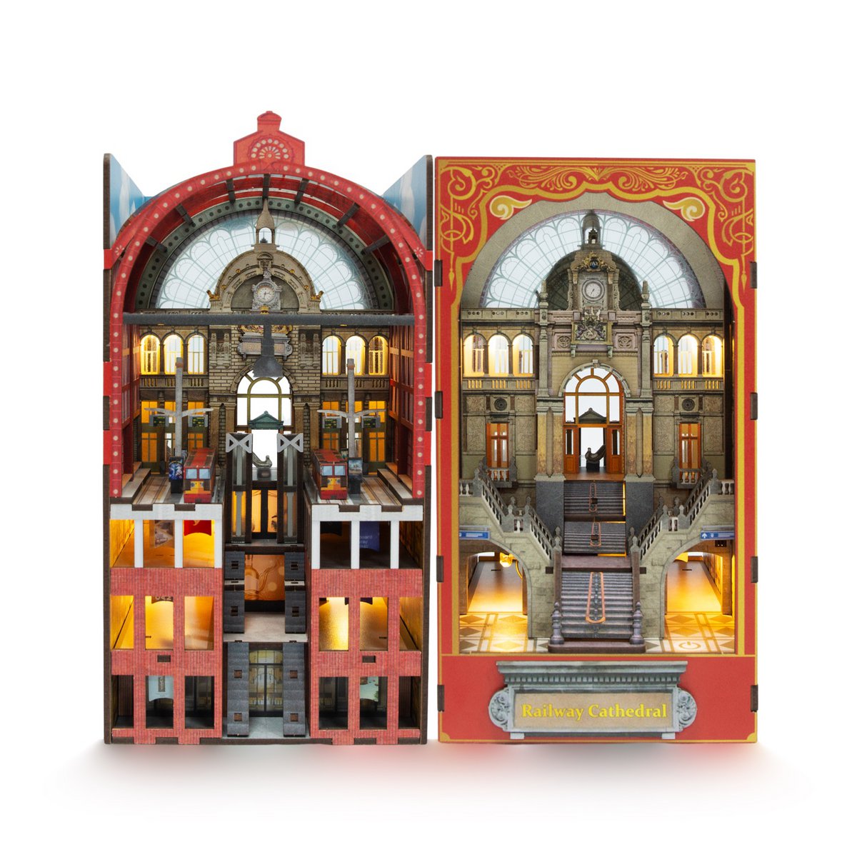 Construction kit 3D DIY Bookend Booknook Railway Cathedral with LED light sensor