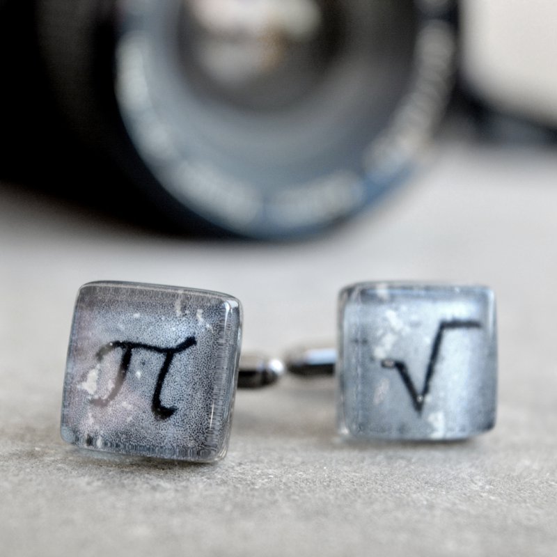 Science cuff links with math symbols Pi and square root, Grey color, Wedding accessories for men