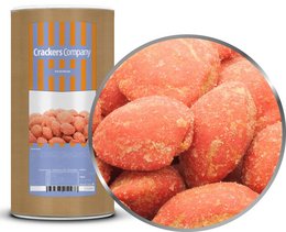 Spicy, crunchy red hot wasabi-flavored chips in a cylindrical container. The chips have a vibrant orange-red color and appear to be coated in a seasoning or flavoring.