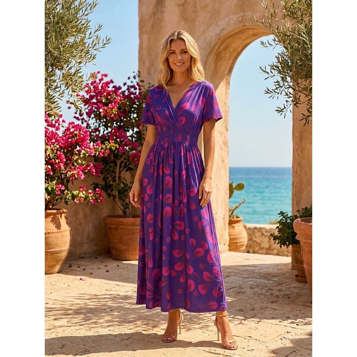 Sukienka maxi „Summer Flamboyant” – impresjonistyczny kwiatowy nadruk i marszczona talia – 610-10