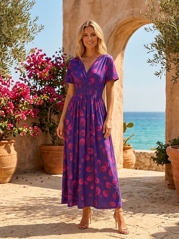 "Summer Flamboyant" Maxikjole – impressionistisk blomsterprint og smocket talje – 610-10