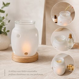 Parfumebrænder Inspiration Series – Siete – Æteriske olier, fondanter, duftvoks – Træ og glas fyrfadsstage – Gaveidé