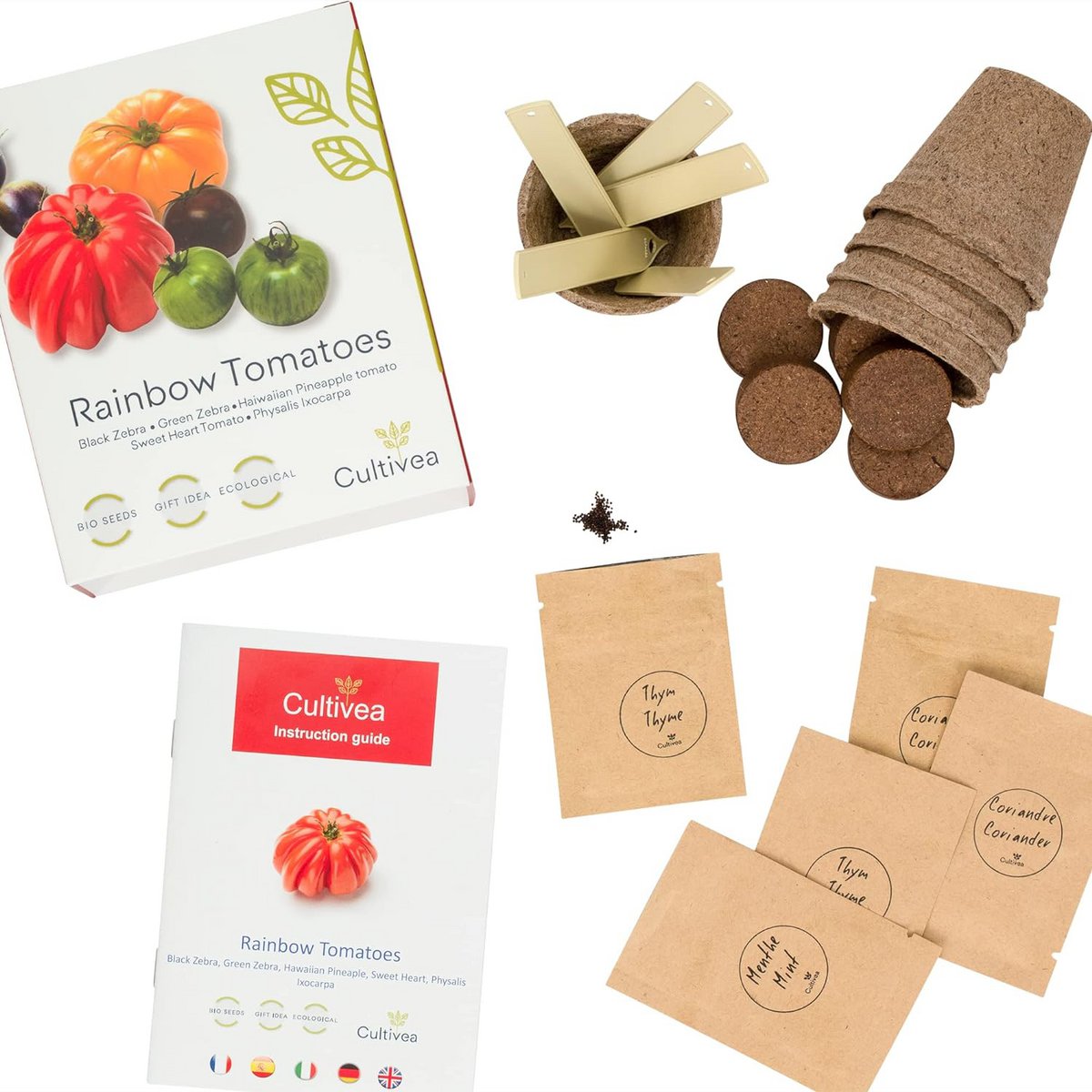 CULTIVEA® Organic* Tomatensamen-Set zum Pflanzen – 5 alte und farbenfrohe Sorten – Ochsenherztomate, Ananastomate, Grünes Zebra, Schwarzes Zebra, Physalis – Komplettes Tomatensetzlingsset mit Töpfen, Pastillen und Anleitung