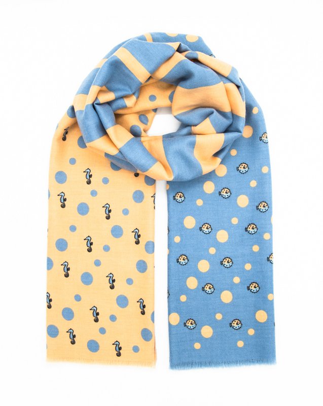 Sciarpa di cotone con stampa marina in blu cielo e beige