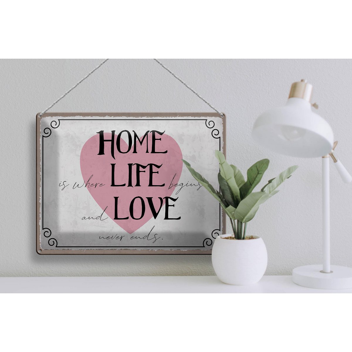 Tin sign saying 40x30cm Home Life Love never ends