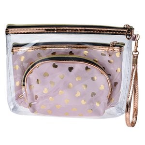 Kulturbeutel Damen 3er-Set 23x17 / 20x13 / 18x12 cm rosa goldfarbene Polyester-Herzen