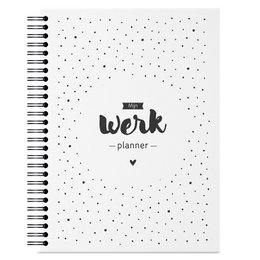 A white spiral-bound notebook with a black and white polka dot pattern and the text "Work Planner" printed on the cover.