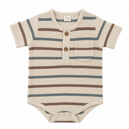 Beige striped baby romper with short sleeves and button front closure.
