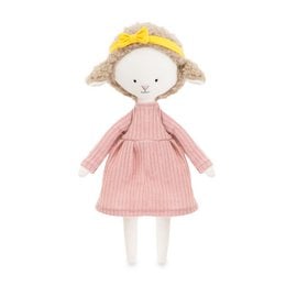 Soft, plush toy of a sheep named Zoe, with a pink dress and a yellow hat.