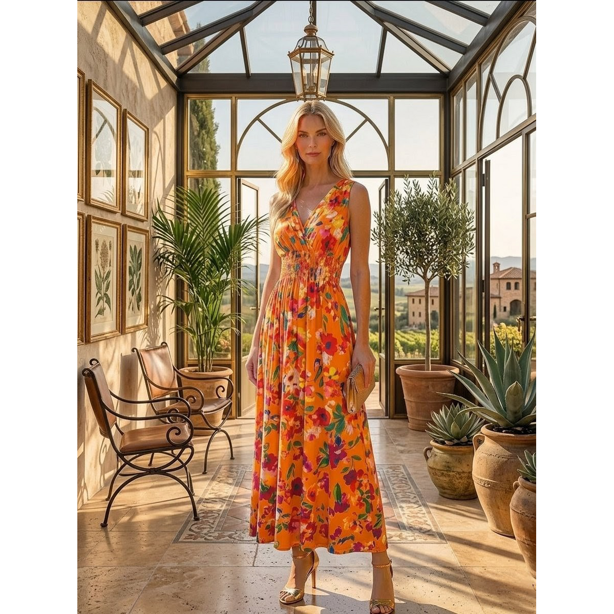 Sukienka maxi „Solar Garden” – kopertowy krój i wysoki stan – 602-58