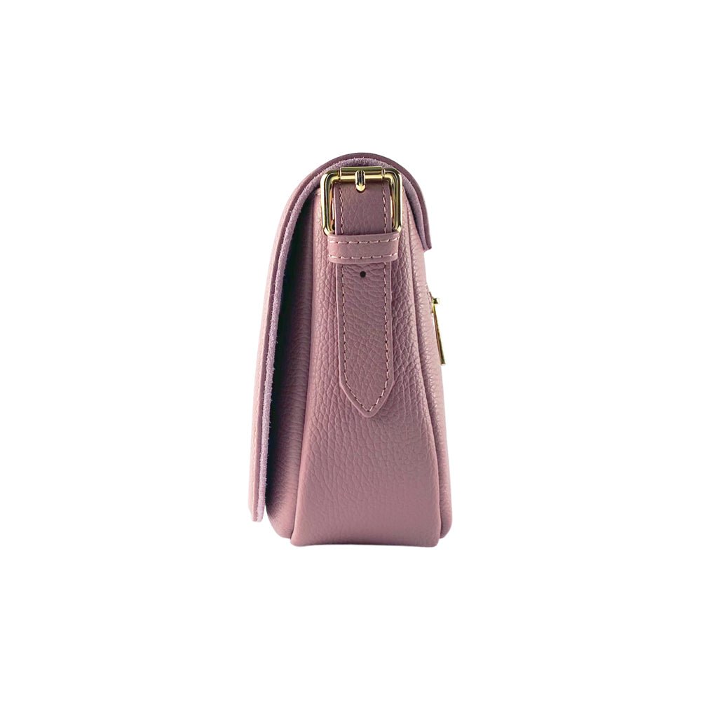 RB1002AZ | Sac bandoulière en cuir véritable fabriqué en Italie avec bandoulière en cuir amovible et attaches avec boucles en métal doré brillant - Coloris Rose Antique - Dimensions : 26 x 20 x 10 cm