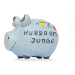 Blue ceramic piggy bank with "Hurray a Boy" text, elephant shape, nursery decor