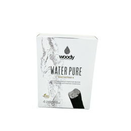 Charcoal water filter, black, cylindrical shape, made of woody binchotan material, used for water purification.