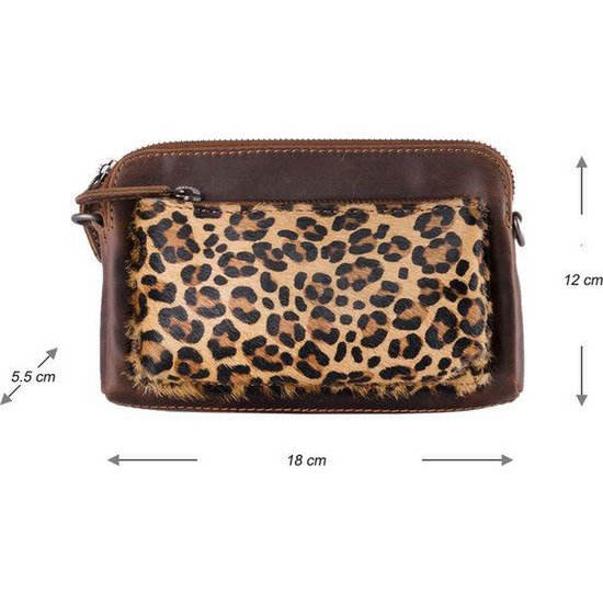 Arrigo Cognac Colored Dames CrossBody Tas/Clutch med Luiopard Direer Print in Learning