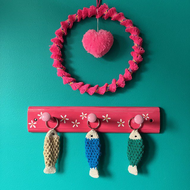 Luna-Leena keychain fish - bag charm - blue - organic cotton - hand crocheted in Nepal - bag hanger
