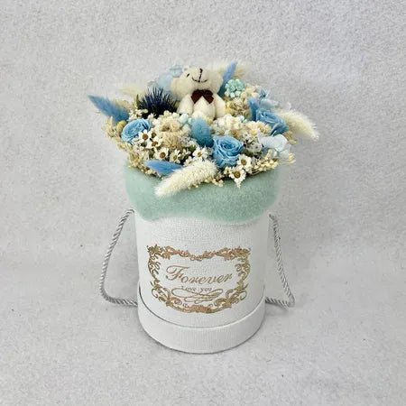 BLUMENKASTEN, Blau/weiße Trockenblumen, Geburtsgeschenk, Geburtstag, umweltfreundliches Geschenk
