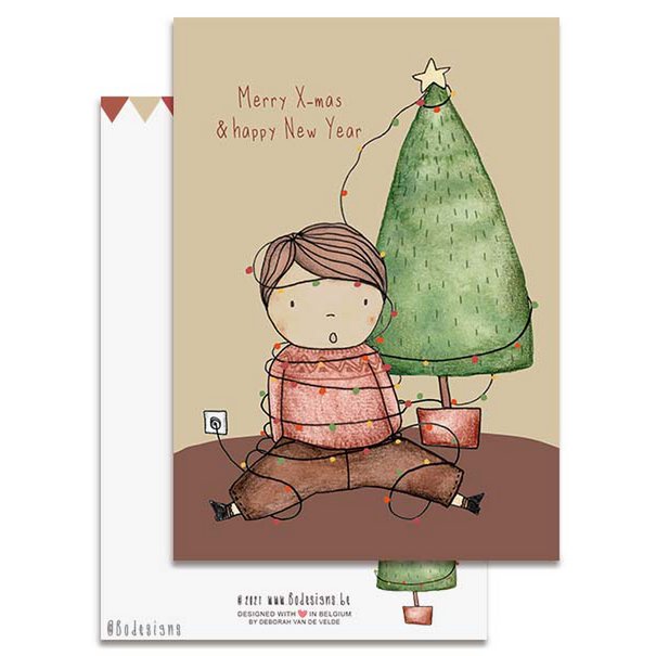 card + envelope - boy tangled in Christmas lights