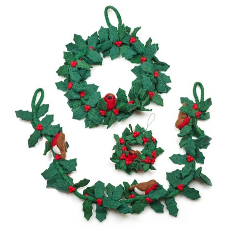 Handgemachte Filz biologisch abbaubare Holly Garland mit Robins Weihnachtsdekoration