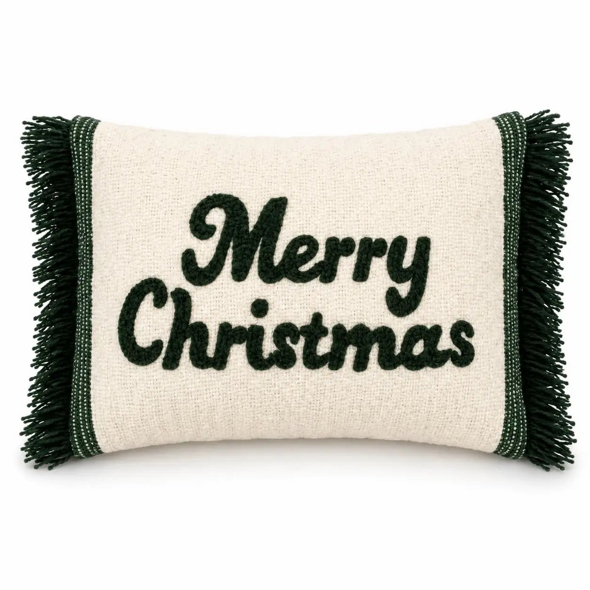 Green & Creme Merry Christmas – Funda de cojín / Kussenhoes – Navidad 35×50 cm con flecos – Urbane Hide