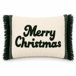 Green & Creme Merry Christmas – Cushion Cover / Kussenhoes – Christmas 35×50 cm with Fringes – Urbane Hide