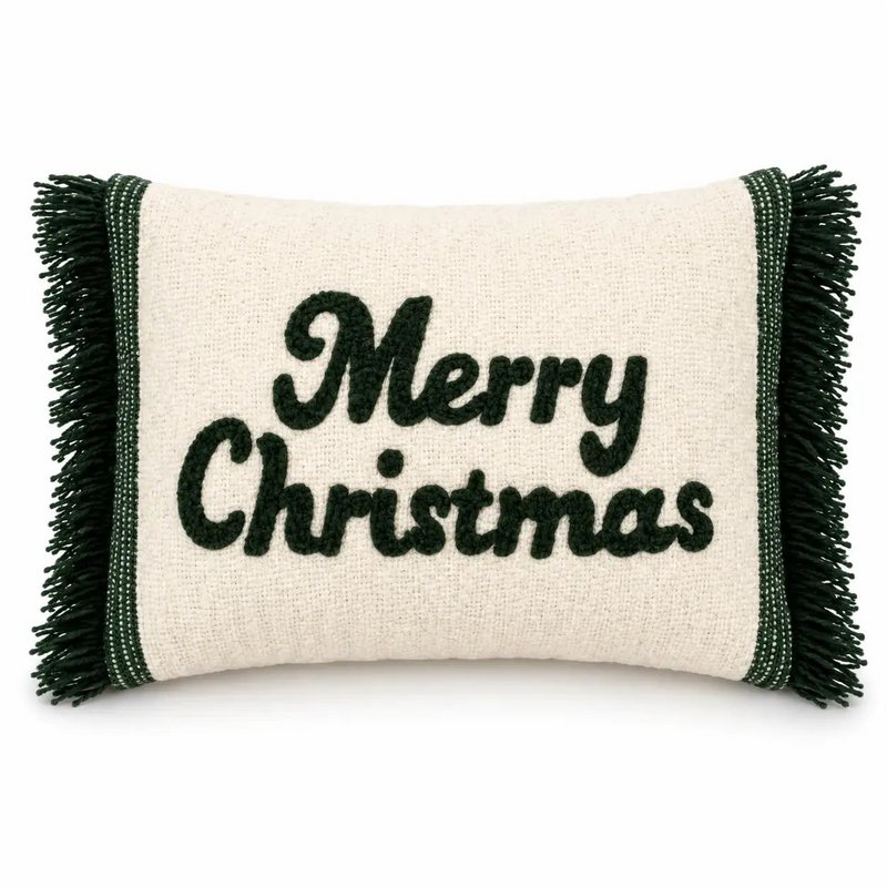Green & Creme Merry Christmas – Funda de cojín / Kussenhoes – Navidad 35×50 cm con flecos – Urbane Hide
